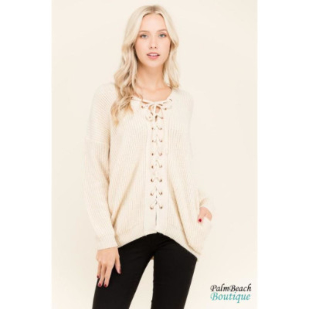 Petal Roz Lace Up Front Cream Sweater - Picture 2 of 4